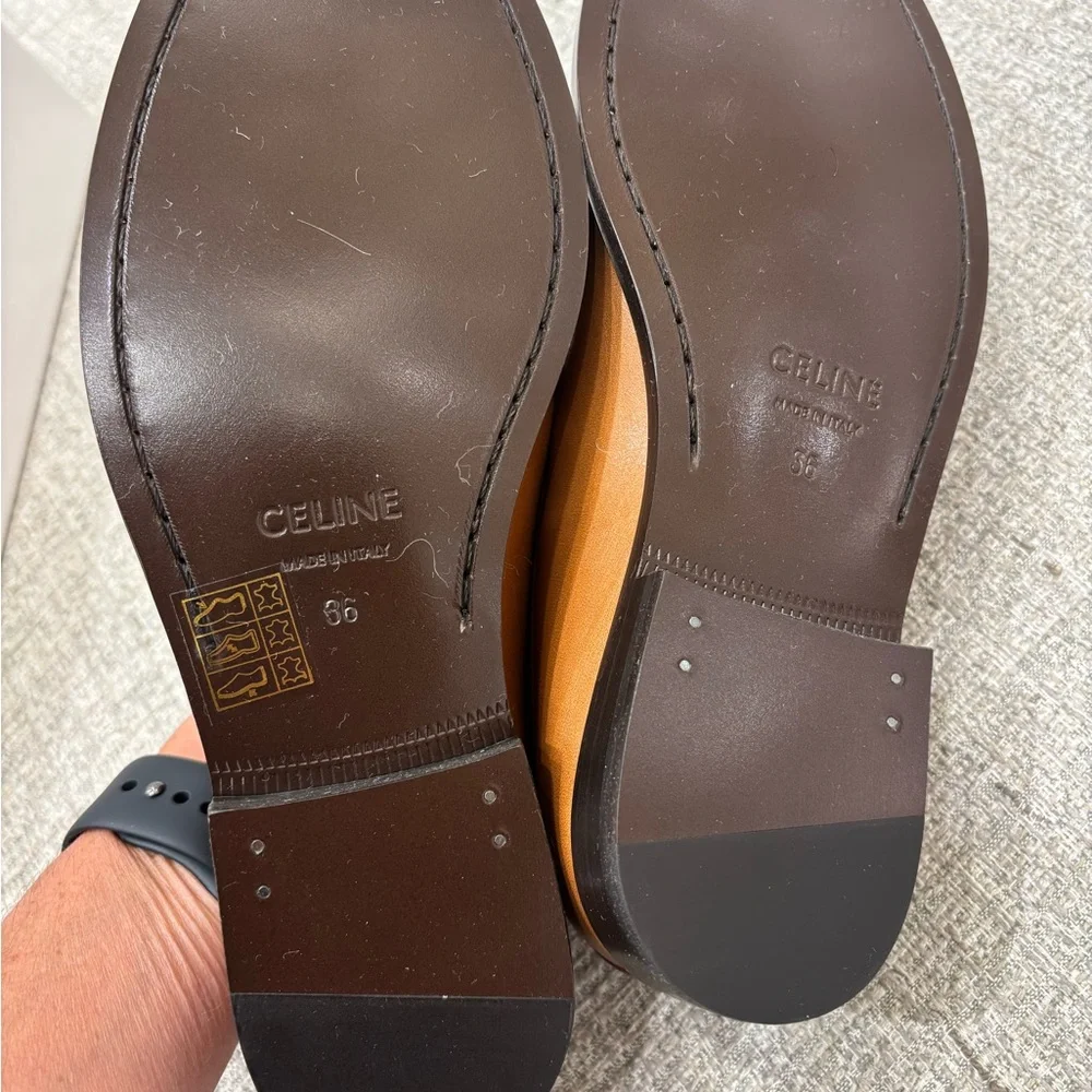CELINE - Leather Loafers with Gold Chain. AVAIL
